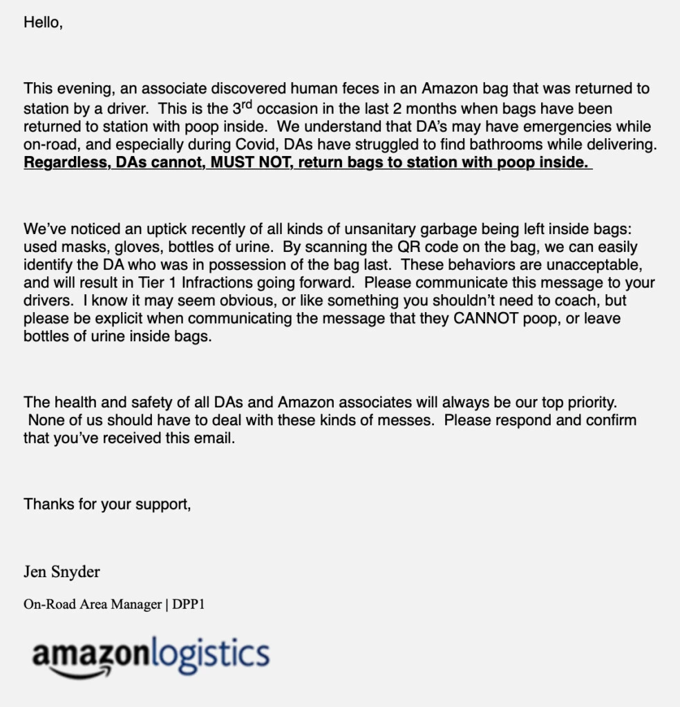 E-mail enviado por um gerente da área de logística da Amazon em maio de 2020.