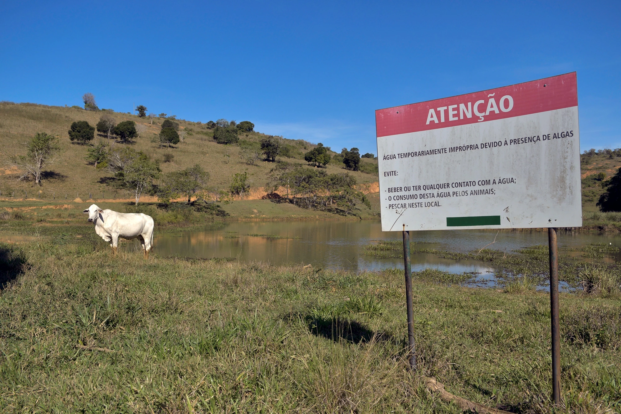 11/05/2021 - BRASIL / LARANJAL - Placas colocadas pela Brookfield em lago formado na Fazenda Volta do Rio Placa, em Laranjal-MG © Washington Alves/Light Press