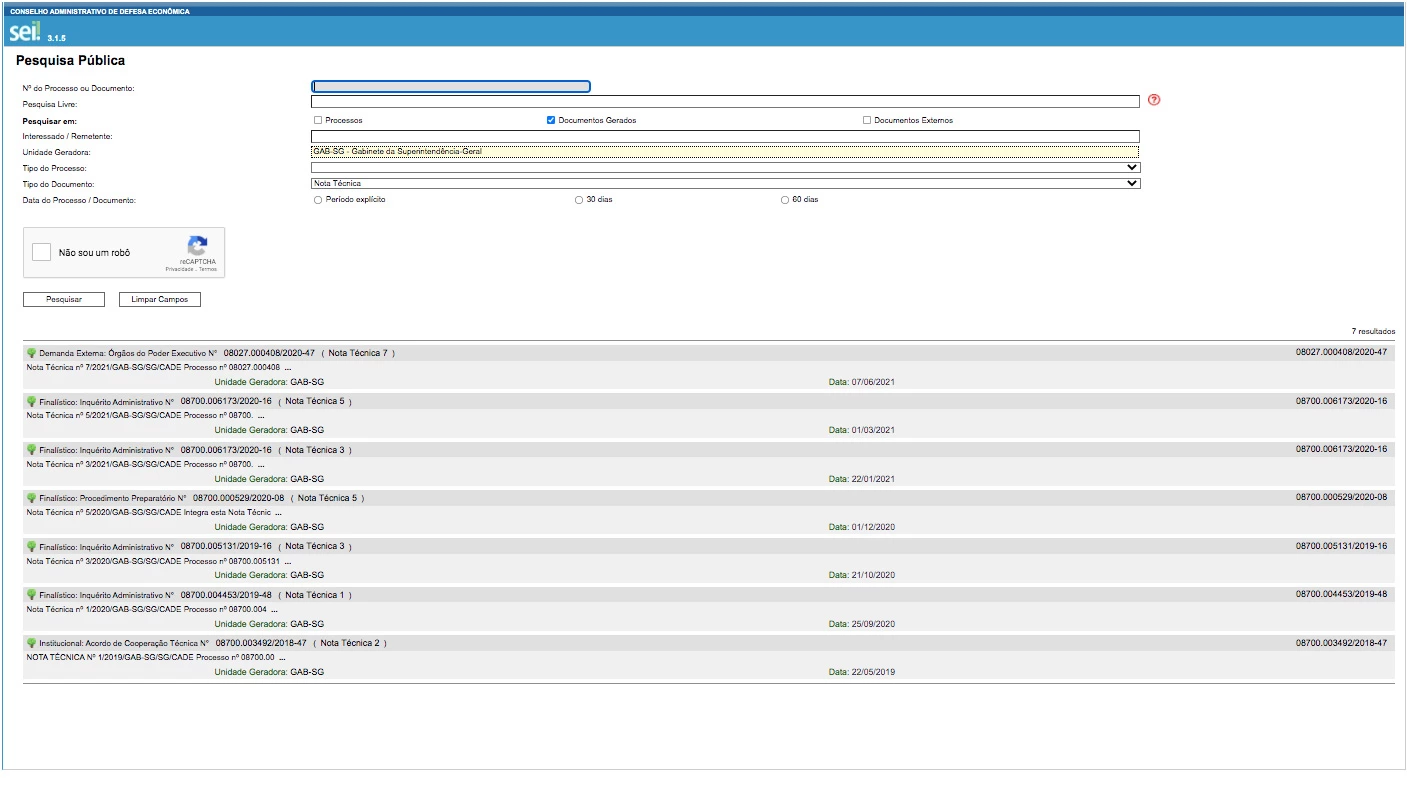 Print da tela do sistema de buscas mostra como chegamos ao número de sete notas técnicas produzidas pelo gabinete do superintendente-geral desde 2019.