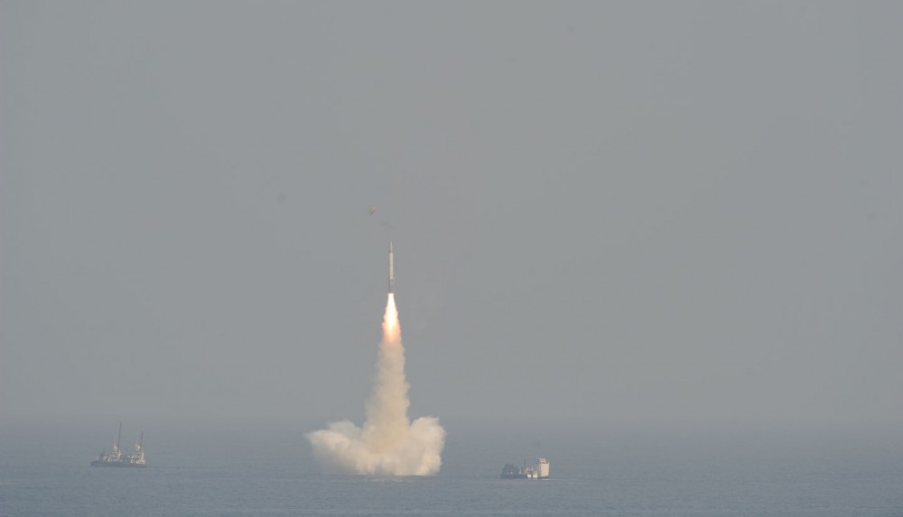 India tested its medium range Submarine Launched Ballistic Missile system, it was launched from a secret location in the Bay of Bengal from a depth of 50 meters. This nuclear capable missile will now be deployed on INS Arihant, India's locally made N-powered submarine. India became the fifth nation to have this potent technology by which it can stealthily hide its nuclear weapons deep in the ocean and strike at will. India calls these Weapons of Peace. It is an intelligent missile (Photo by Pallava Bagla/Corbis via Getty Images)