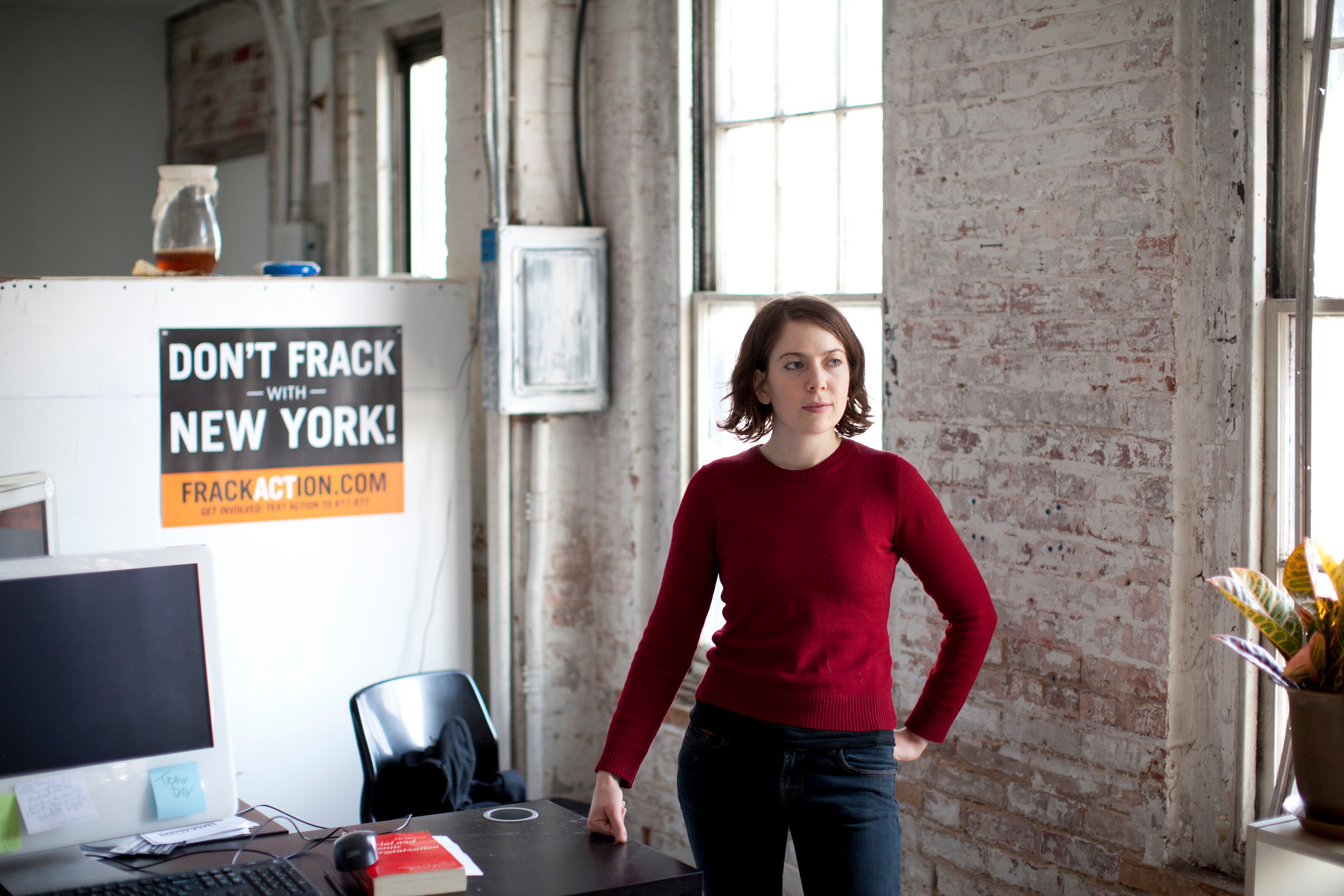 Claire Sandberg, one of the two founders of the grass-roots group Frack Action, in New York, Dec. 22, 2011. With a deadline looming this week for the public to weigh in on gas drilling in New York State, the antifracking movement itself has become divided over if its goal should be securing the nation's toughest regulations, or winning an outright ban. (Todd Heisler/The New York Times)