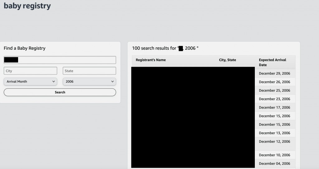 A redacted search result page for baby registries, modified to display results from 2006, despite Amazon's official form only allowing date ranges from 2020 to 2023.